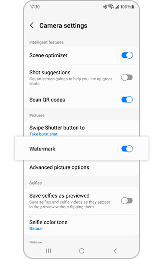 View of Watermark option within the Camera settings with on and off switch.